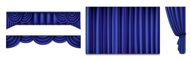 Cortinas de seda azules colocadas aisladas en blanco