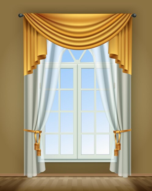 Cortinas de ventana de composición realista con vista interior de la ventana de la habitación y cortinas doradas de lujo con encaje