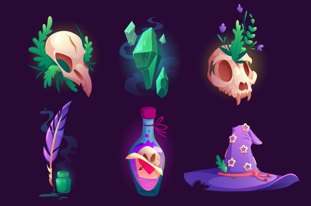 Cosas de brujas y artículos mágicos, sombrero, cráneos de aves y animales, botella de poción de amor o muerte, pluma con tintas, activos de cristales verdes para juegos de pc, elementos de interfaz de usuario, ilustración de dibujos animados aislados, conjunto de iconos