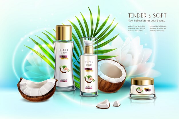 Cosmética orgánica de coco promoción de productos de belleza composición realista con crema corporal y loción antienvejecimiento