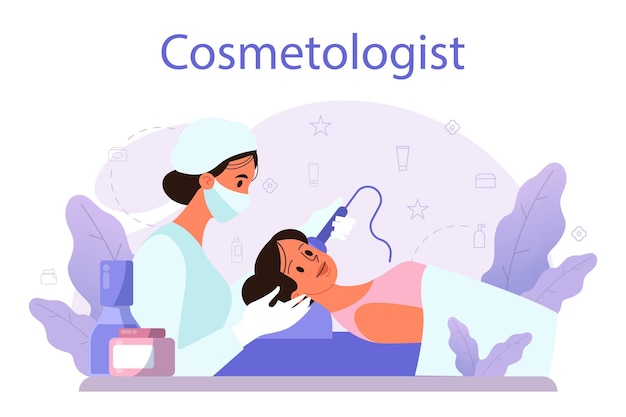 Vector gratuito cosmetólogo concepto cuidado y tratamiento de la piel mujer joven que trata la piel procedimiento cosmético para pieles problemáticas belleza y tratamiento plástico ilustración vectorial aislada