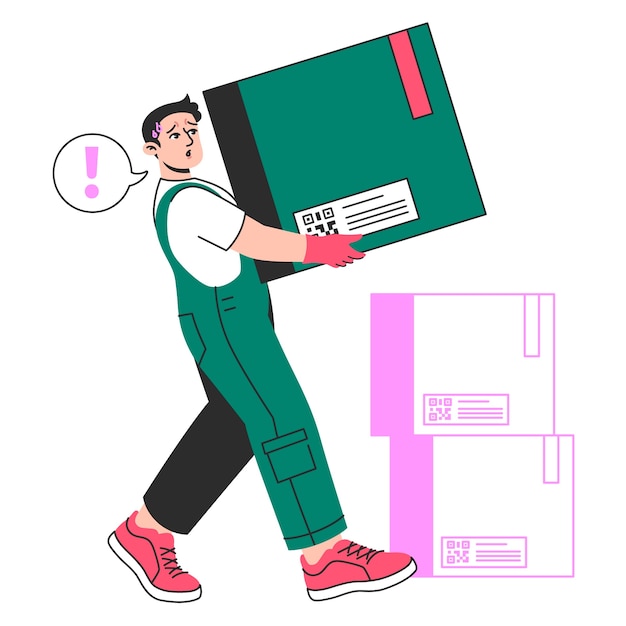 Courier carrying a large package with boxes in the background concept illustration