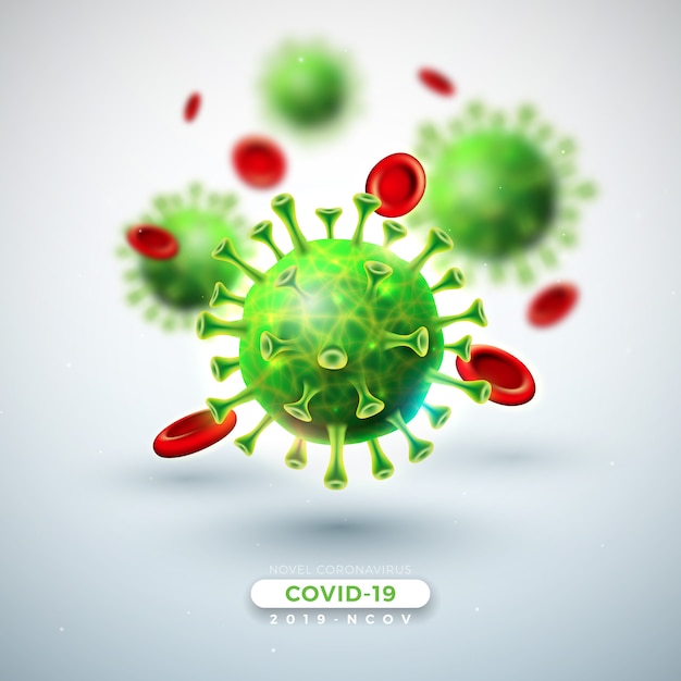 Covid-19. Diseño de brote de coronavirus con caída de virus y células sanguíneas en vista microscópica sobre fondo claro. 2019-ncov Corona Virus Illustration on Dangerous SARS Epidemic Theme for Banner.