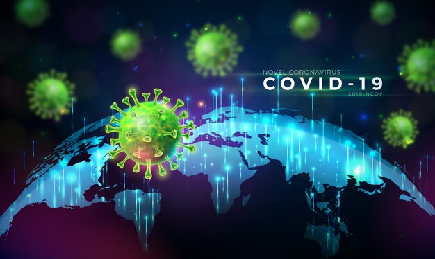 COVID-19. Diseño de brote de coronavirus con célula de virus en vista microscópica en el fondo del mapa mundial.