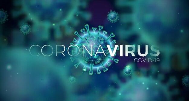 Covid-19. Diseño de brote de coronavirus con célula de virus en vista microscópica sobre fondo azul. Plantilla de ilustración sobre el tema de la epidemia de SARS peligroso para pancarta o folleto promocional.