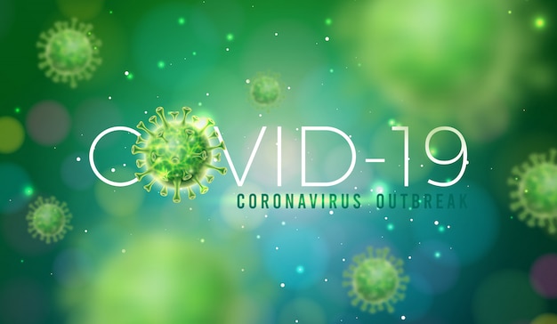 Covid-19. Diseño de brote de coronavirus con célula de virus en vista microscópica
