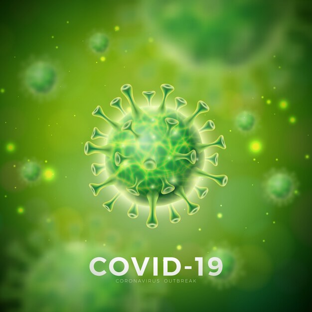 Covid-19. Diseño de brote de coronavirus con célula de virus en vista microscópica