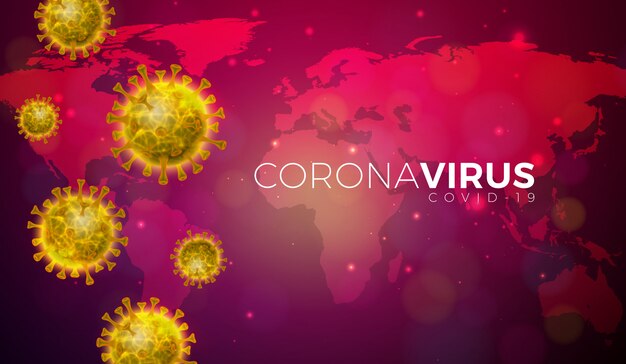 Covid-19. Diseño de brote de coronavirus con célula de virus en vista microscópica