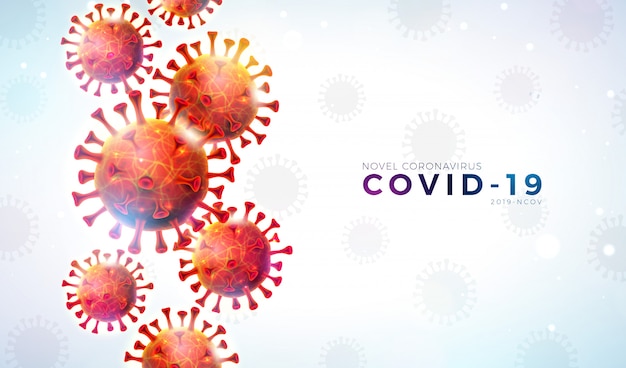 Covid-19. diseño de brote de coronavirus con células de virus que caen y letra de tipografía sobre fondo claro. vector 2019-ncov corona virus illustration on dangerous sars epidemic theme for banner.