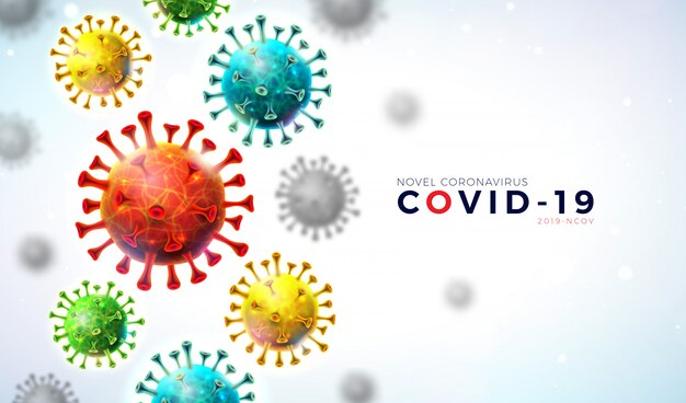 COVID-19. Diseño de brote de coronavirus con células de virus que caen y letra de tipografía sobre fondo claro.
