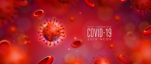 COVID-19. Diseño de brote de coronavirus con virus y células sanguíneas en vista microscópica sobre fondo abstracto.