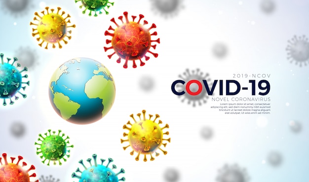 Vector gratuito covid-19. diseño de epidemia de coronavirus con células de virus y planeta tierra sobre fondo claro.