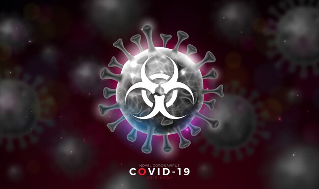 COVID-19. Nuevo diseño de concepto de coronavirus con células de virus y símbolo de peligro biológico sobre fondo oscuro.