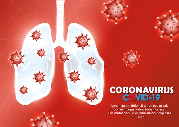 Covid 19 partículas con pulmones y letras de fondo de la campaña