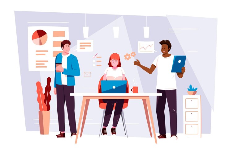 Coworking de equipo dual dibujado a mano plana en computadoras portátiles