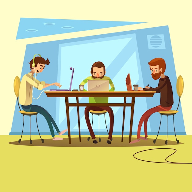 Vector gratuito coworking y negocios con tabla y discusión símbolos ilustración vectorial de dibujos animados