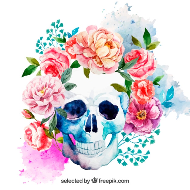 Vector gratuito cráneo de acuarela con flores