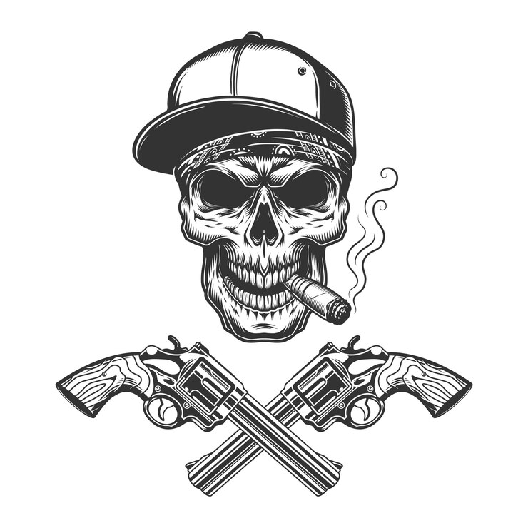 Vector gratuito el cráneo de un bandido monocromático fumando un cigarro
