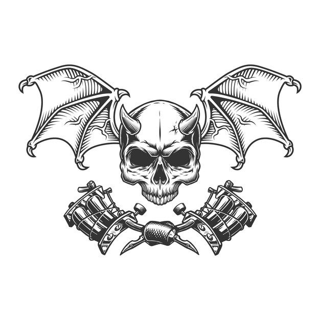Cráneo de demonio monocromo vintage con alas