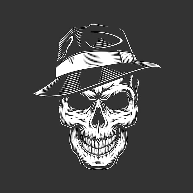 Cráneo de gángster monocromo vintage en sombrero