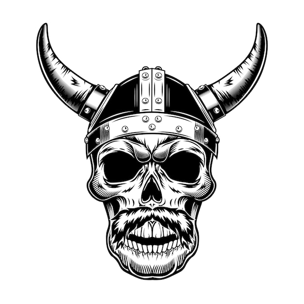 Vector gratuito cráneo de guerrero en la ilustración de vector de casco con cuernos. cabeza monocromática de vikingo con bigotes