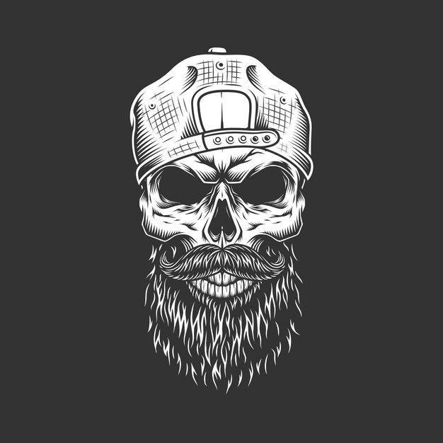 Cráneo de hipster monocromo vintage en gorra