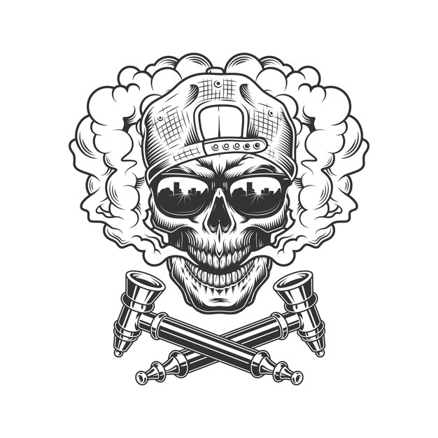 Cráneo de hipster vintage en nube de humo
