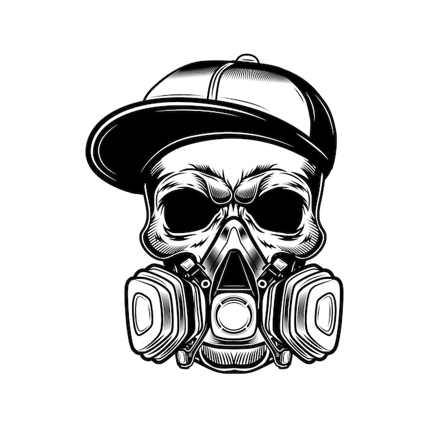 Cráneo de la ilustración de vector de artista de graffiti. Cabeza de esqueleto en gorra de gángster y respirador. Concepto de arte callejero