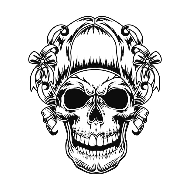 Vector gratuito cráneo de la ilustración de vector de dama. personaje femenino principal con peinado retro con cintas y lazos
