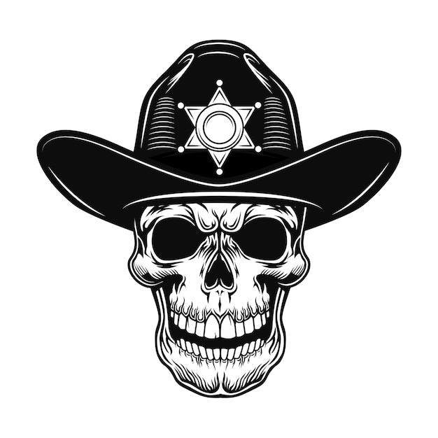 Cráneo de la ilustración de vector de sheriff. jefe de policía con sombrero con estrella