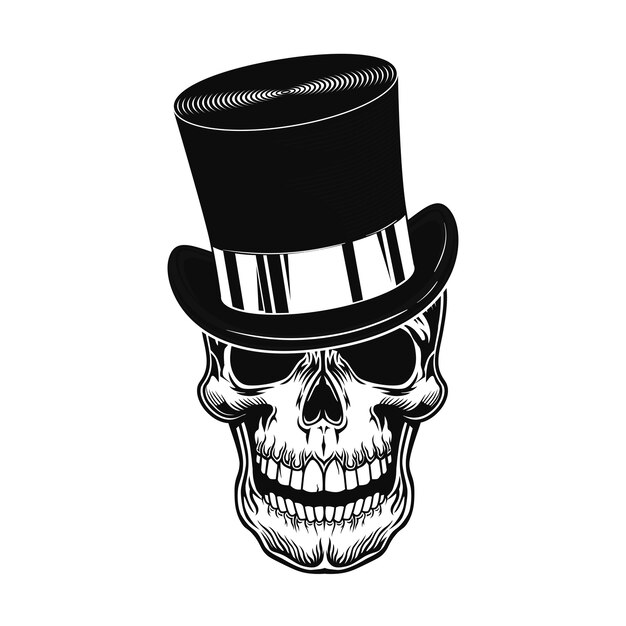 Cráneo en la ilustración de vector de sombrero de copa. Cabeza de personaje aterrador en sombrero de cilindro de caballero