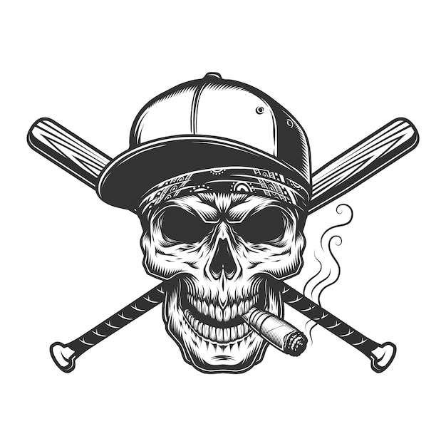 Cráneo monocromo vintage en gorra de béisbol