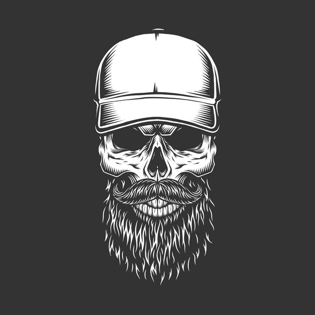 Cráneo monocromo vintage en gorra de béisbol