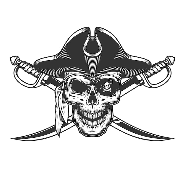 Cráneo monocromo vintage en sombrero de pirata
