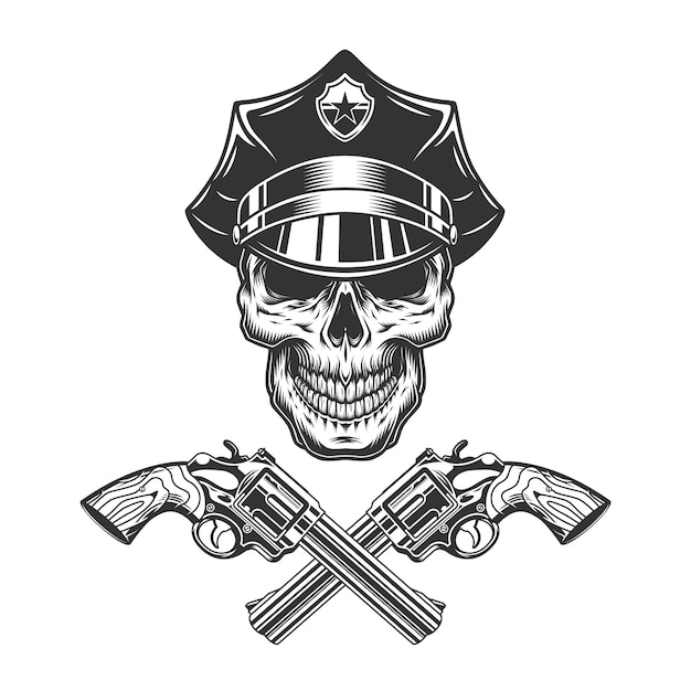 Vector gratuito cráneo monocromo vintage en sombrero de policía