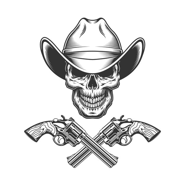 Cráneo monocromo vintage en sombrero de vaquero