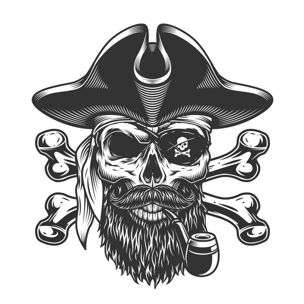 Cráneo de pirata barbudo y bigote vintage