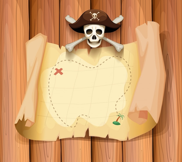 Cráneo del pirata y un mapa en la pared