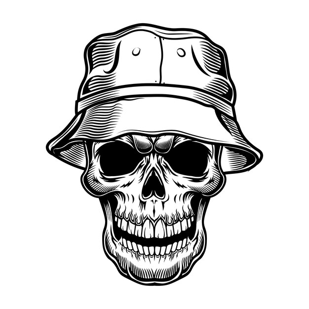 Cráneo retro en la ilustración de vector de panamá. Cabeza muerta negra de turista con sombrero. Se puede utilizar el concepto de vacaciones tropicales y Hawaii