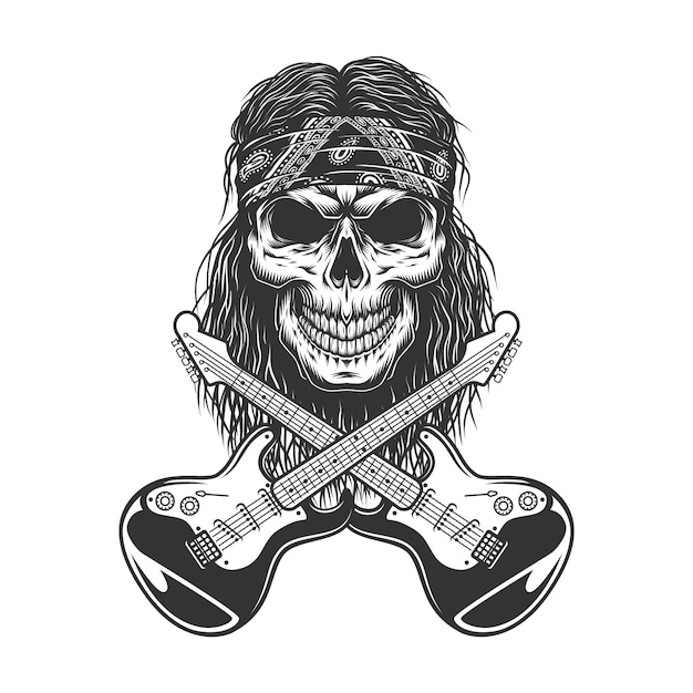 Vector gratuito cráneo de rockstar vintage en bandana