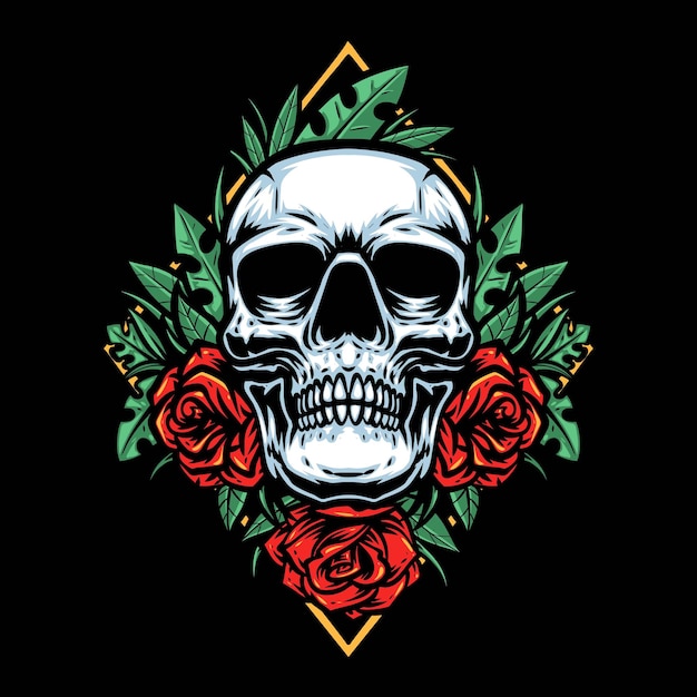 cráneo con rosas e ilustración floral de hojas