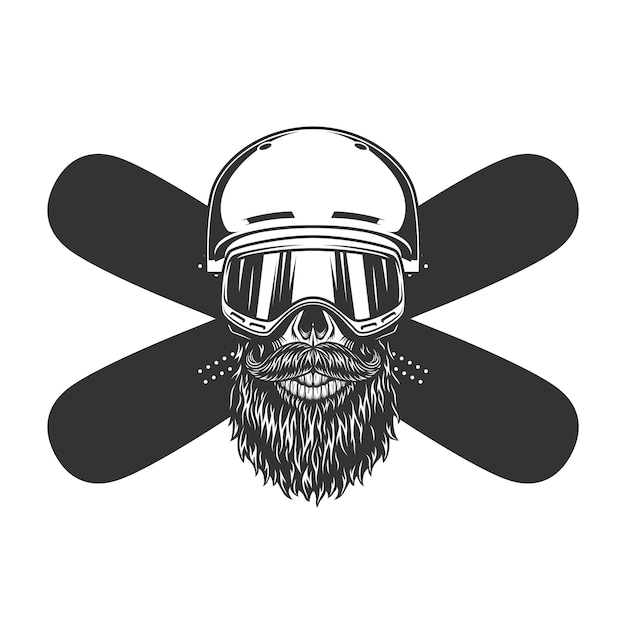 Vector gratuito cráneo de snowboarder barbudo y bigote vintage