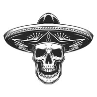 Vector gratis cráneo en sombrero mexicano sombrero