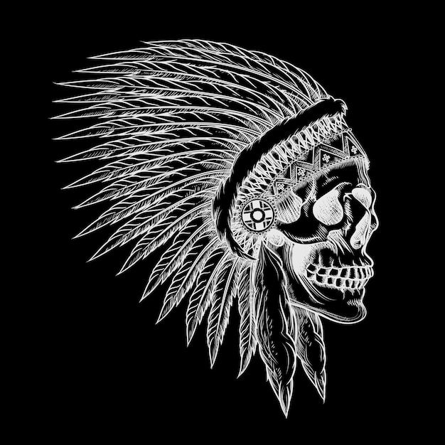 Cráneo tribal indio con plumas