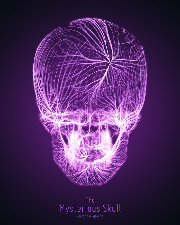 Vector gratuito cráneo vectorial construido con líneas violetas fuente misteriosa de fondo de vida ilustración del concepto de seguridad de internet visualización abstracta de virus o malware hacking imagen de big data