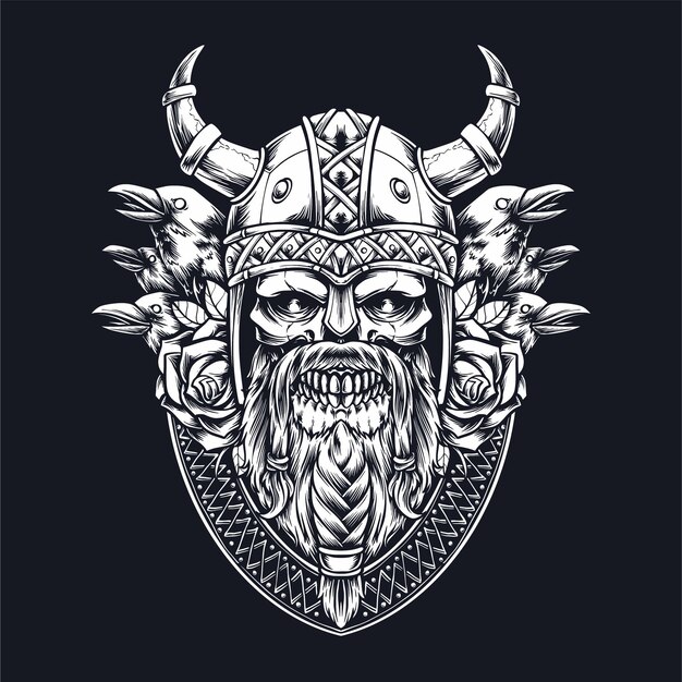 Cráneo vikingo y cuervo ilustraciónjpg
