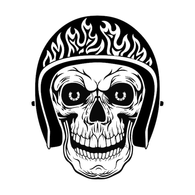 Cráneo vintage en casco con ilustración de vector de llama. Cabeza muerta negra de motorista