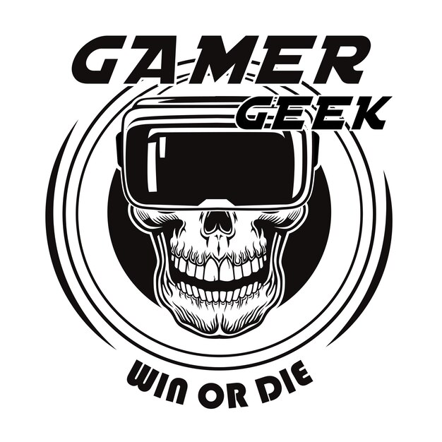 Cráneo vintage en ilustración de vector de gafas de realidad virtual. Black dead head of gamer en realidad virtual