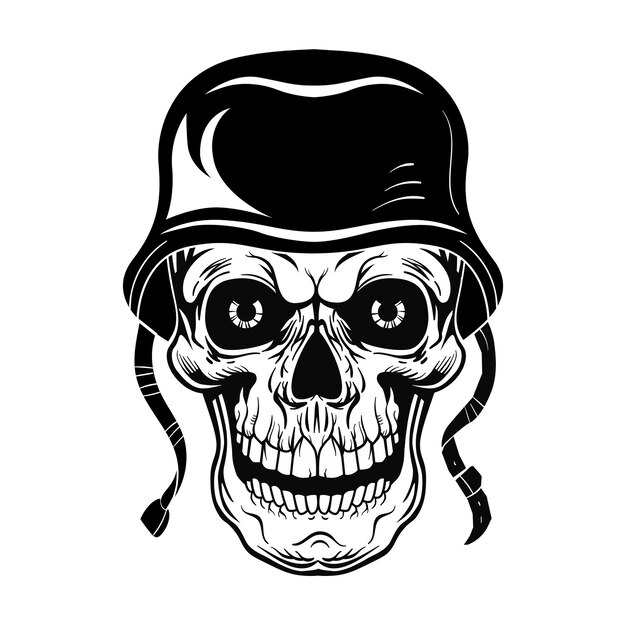 Cráneo vintage de la ilustración de vector de soldado. Cabeza muerta monocroma en gorra de guerrero