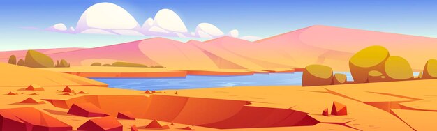Cráter en el oasis del desierto con río, arena y plantas.